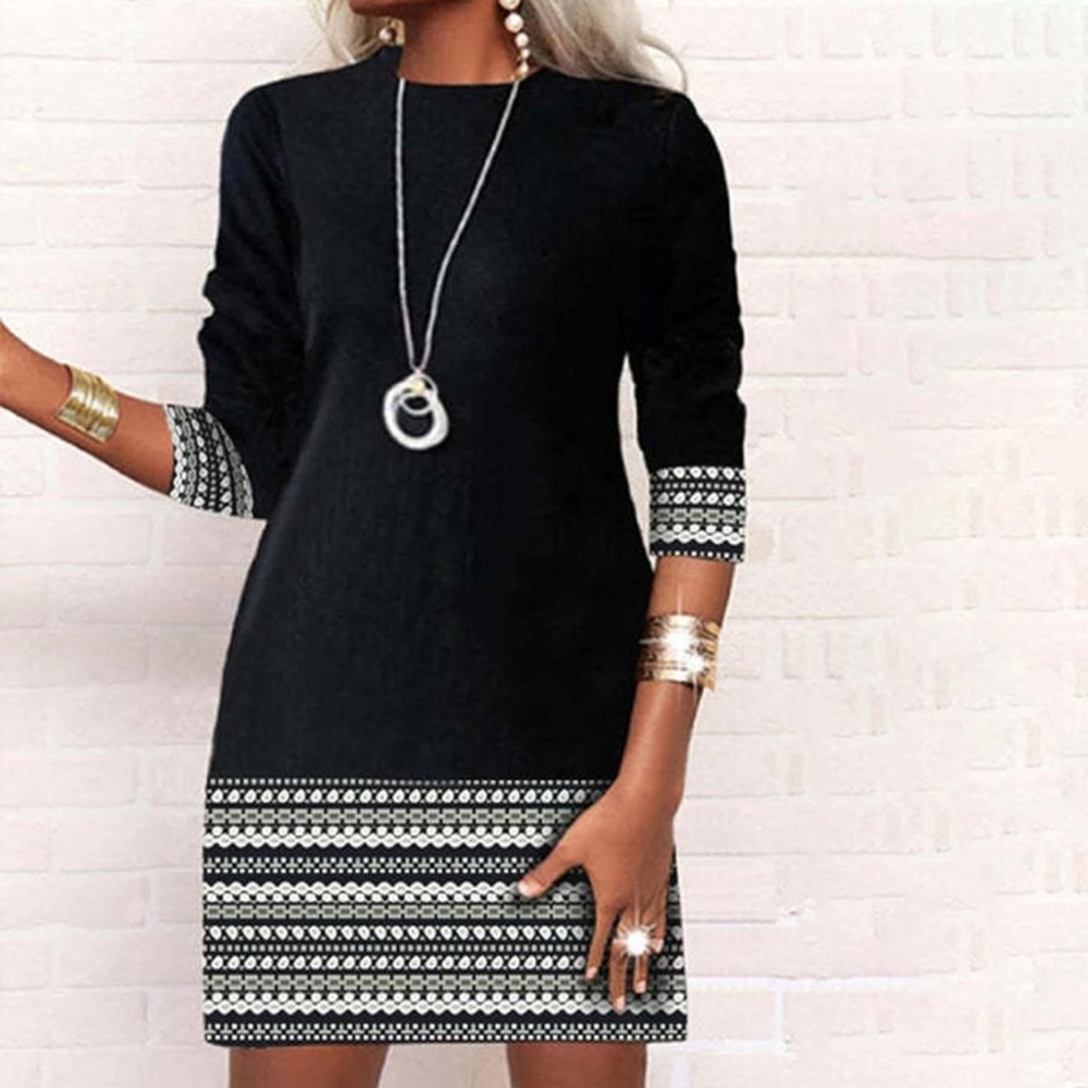 M Black Dress with Ornament on Hem and Sleeve, two-third Sleeve Spring Dress